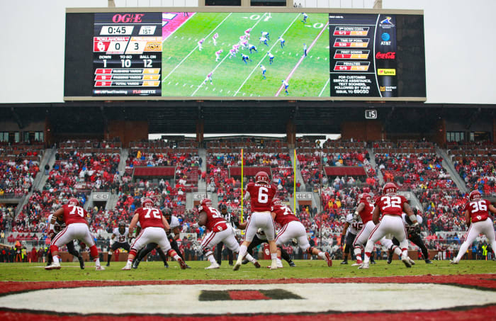 A picture of Baker Mayfield hiking the ball for Oklahoma's offense.
