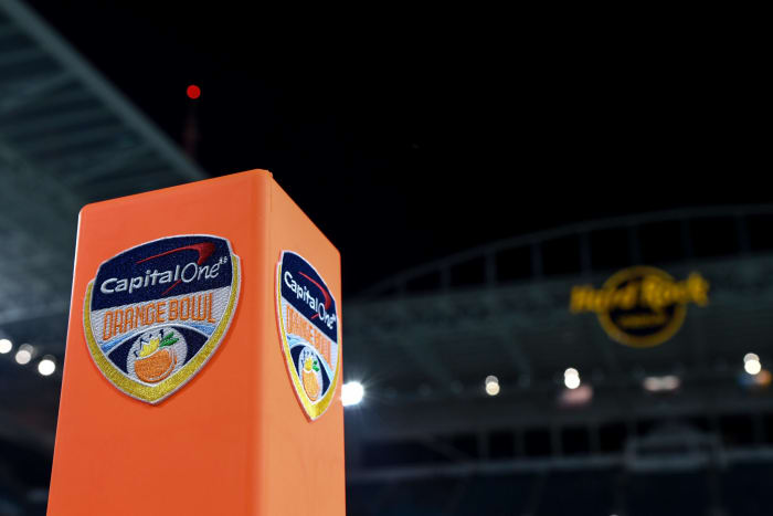 A closeup look at the pylon at the Orange Bowl.