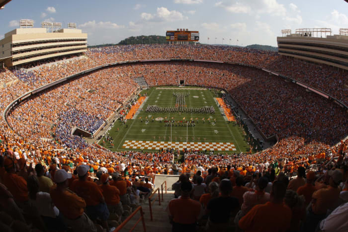A high end zone view of the field at Neyland Stadium.