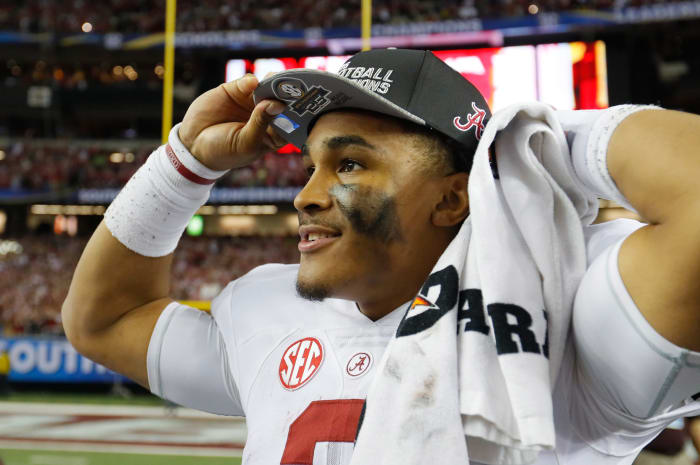 A closeup of Jalen Hurts celebrating Alabama's national championship win.