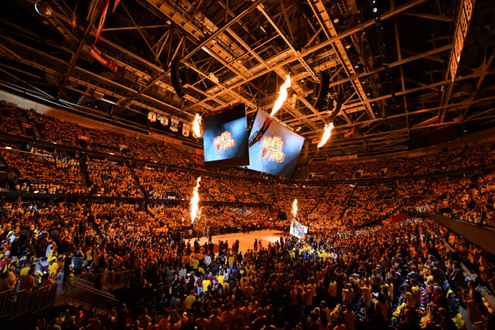 A general view of the Cleveland Cavaliers home court as fire is sprayed into the air.