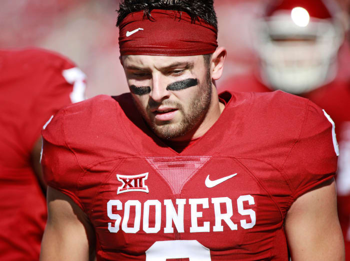 A closeup of Baker Mayfield without his helmet on.