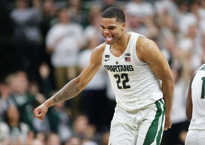 A closeup of Miles Bridges in a Michigan State Spartans uniform.