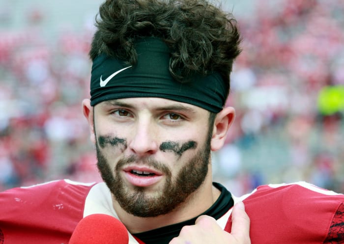 A closeup of Baker Mayfield without his helmet on.