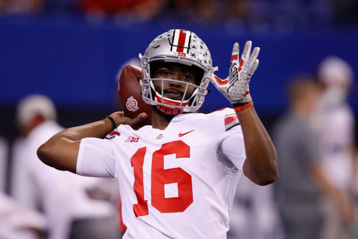 J.T. Barrett throws a pass at the Big Ten Championship Game in Indianapolis.