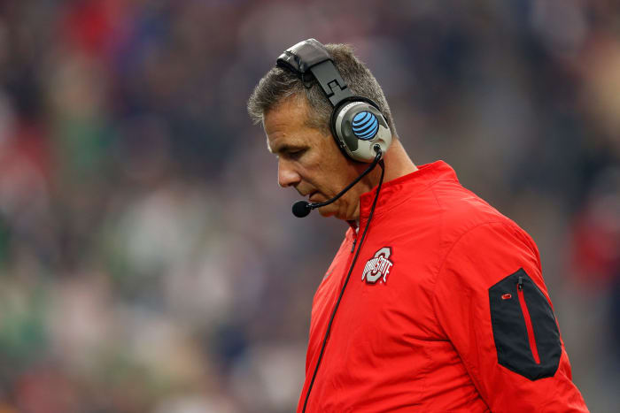 A closeup of Urban Meyer during an Ohio State football game.