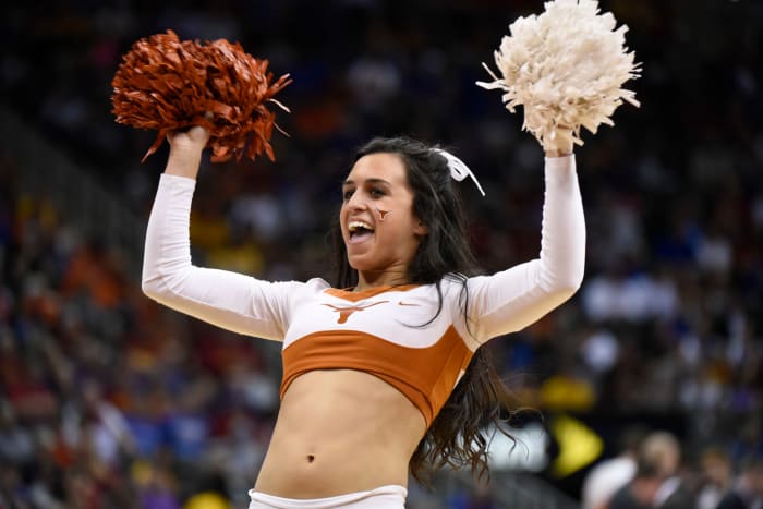 A closeup of a Texas Longhorns cheerleader.