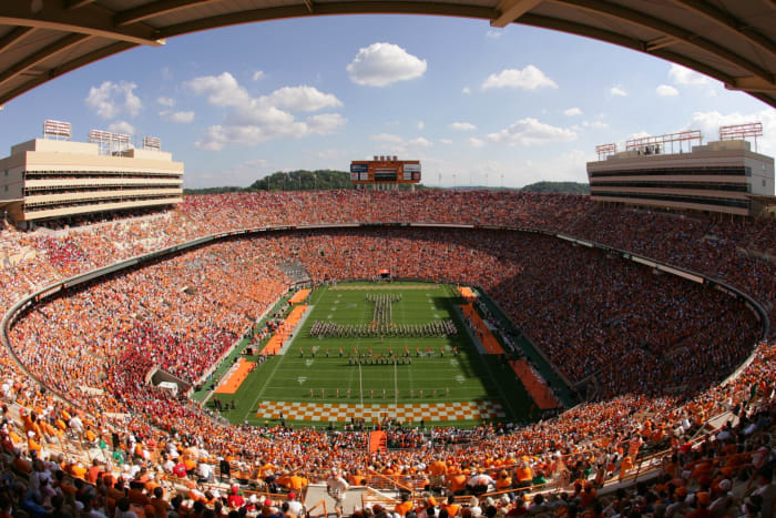 A high end zone view of the field at Neyland Stadium.