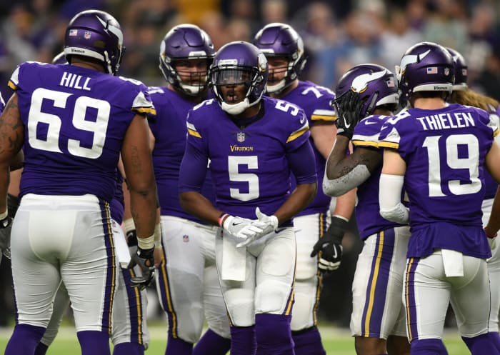 Teddy Bridgewater leads the Minnesota Vikings in the huddle.