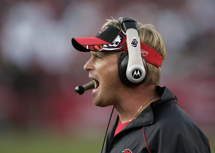 A closeup of Jon Gruden yelling.
