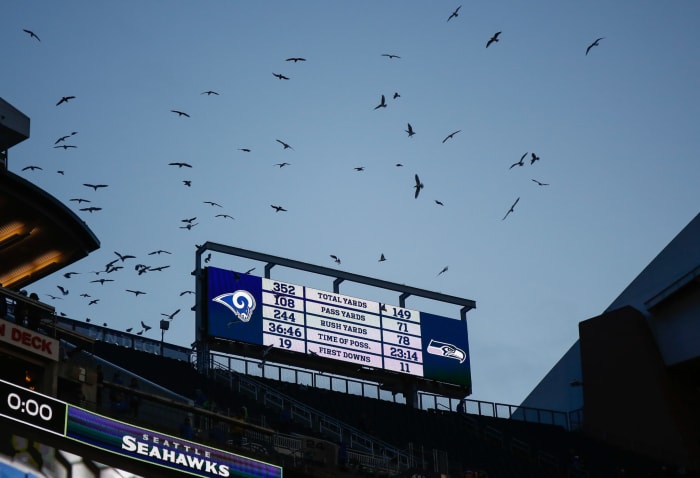 A view of the Rams scoreboard.