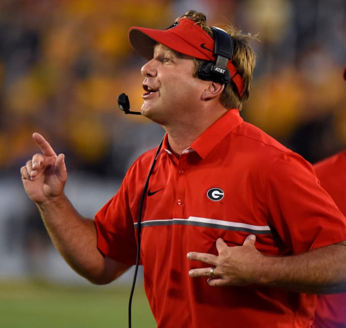 Kirby Smart reacting to a play in a Georgia football game.