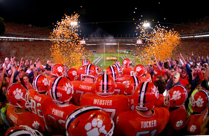 The Clemson Tigers enter the stadium before their game against the Florida State Seminoles at Memorial Stadium.