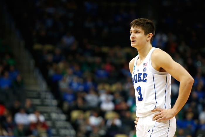 Grayson Allen on the floor against Rhode Island.