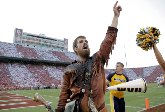West Virginia's mascot waving to the crowd.