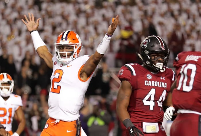 Kelly Bryant #2 of the Clemson Tigers reacts after his team scores a touchdown against the South Carolina Gamecocks during their game at Williams-Brice Stadium.
