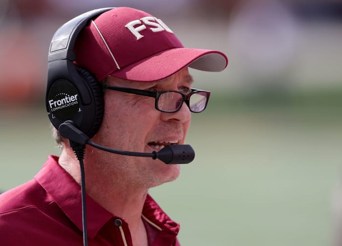 A closeup of Jimbo Fisher during a Florida State game.