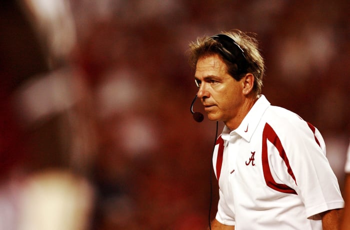 Head coach Nick Saban of the Alabama Crimson Tide watches his team take on the Georgia Bulldogs.