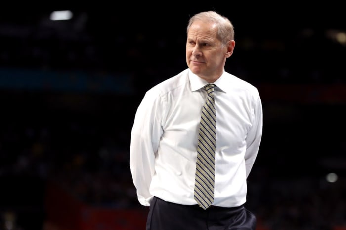 Head coach John Beilein of the Michigan Wolverines looks on in the first half against the Villanova Wildcats during the 2018 NCAA Men's Final Four National Championship game.