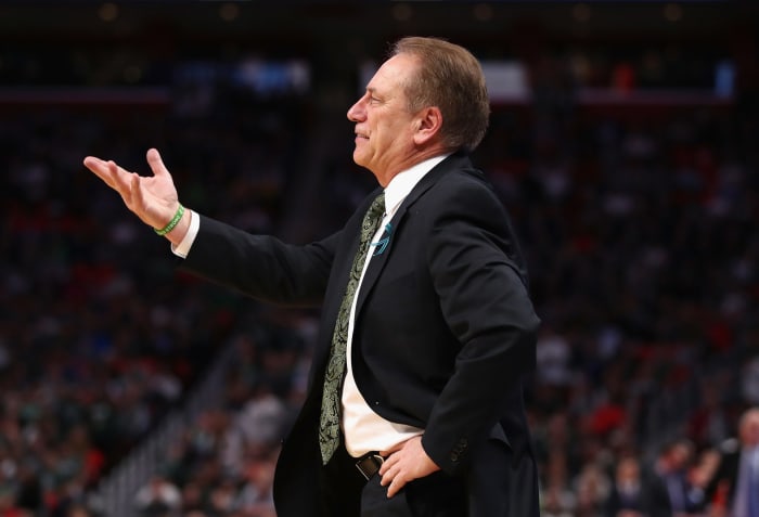 A closeup of Tom Izzo during a Michigan State Spartans basketball game.