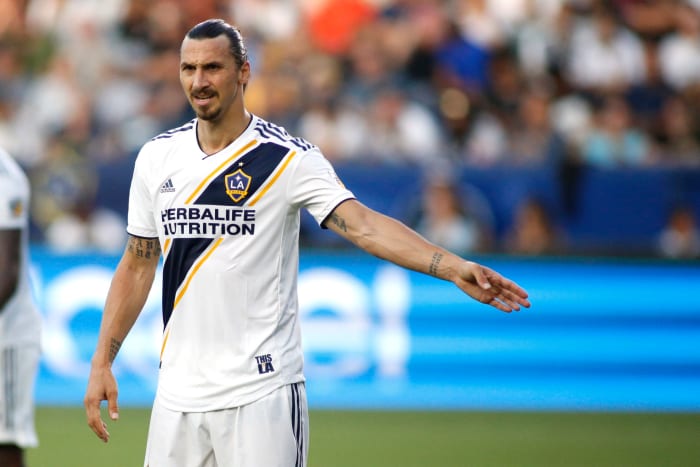 Zlatan Ibrahimovic is on the field for the los angeles galaxy