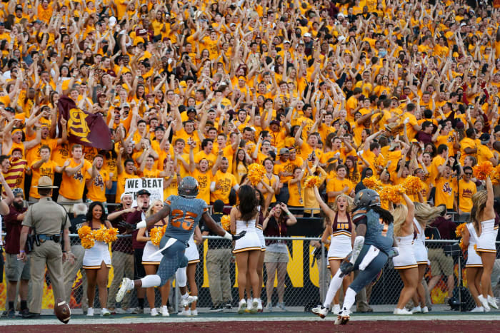 Defensive back Kareem Orr #25 of the Arizona State Sun Devils celebrates in the end zone after scoring on a 21 yard touchdown interception against the Arizona Wildcats.