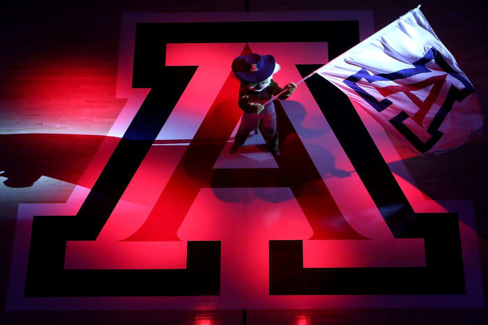 Wilbur the Wildcat waves Arizona flag.