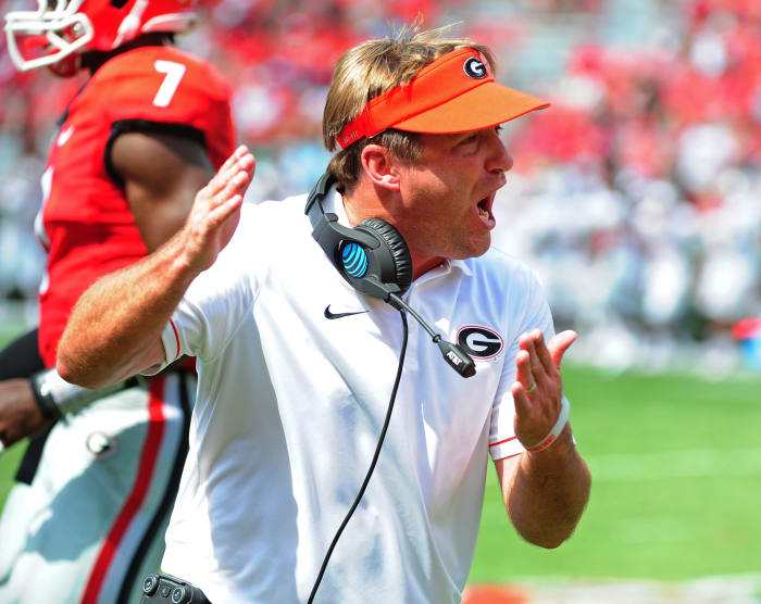 Kirby Smart reacting to a play in a Georgia football game.