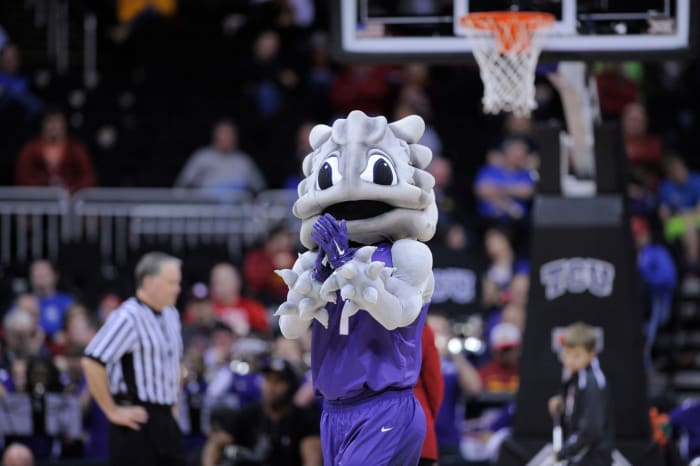 The TCU Horned Frogs' mascot entertains during a game Texas Tech Red Raiders in the first round of the Big 12 Basketball Tournament at Sprint Center.