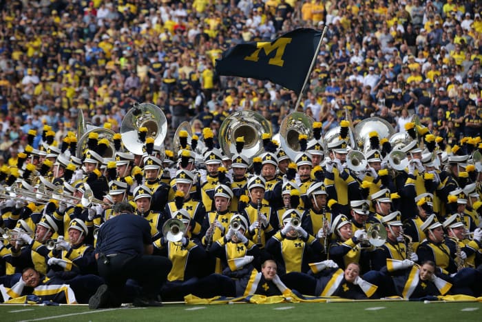 The Michigan Wolverines Marching Band perform prior to facing the Brigham Young Cougars at Michigan Stadium.