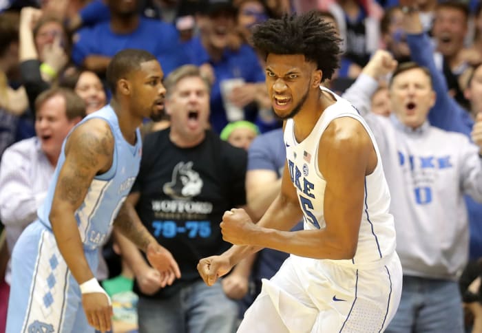 Marvin Bagley celebrates a play against North Carolina.