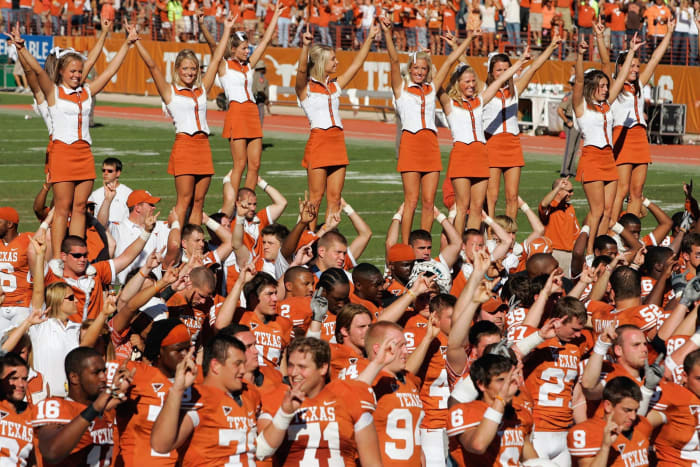 Texas Longhorns cheerleaders after a game.