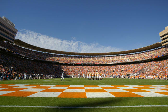 Tennessee players on the field against Vanderbilt.