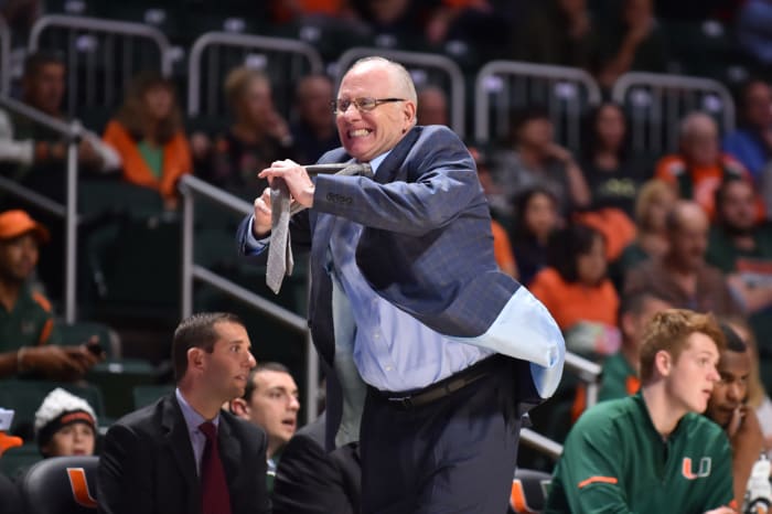 Miami head coach Jim Larranaga is unhappy with a call.