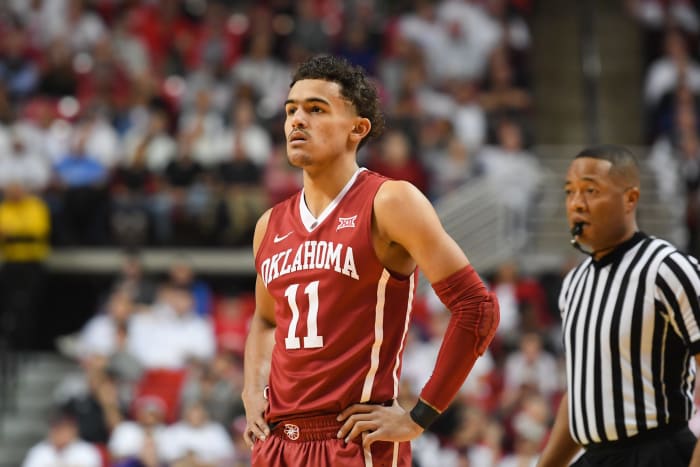 A closeup of Trae Young in an Oklahoma uniform.