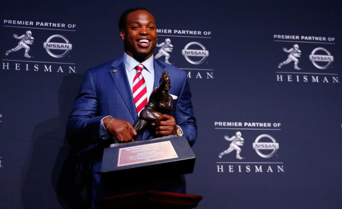 Running back Derrick Henry of the Alabama Crimson Tide speaks during a press conference after being named the 81st Heisman Memorial Trophy Award winner.