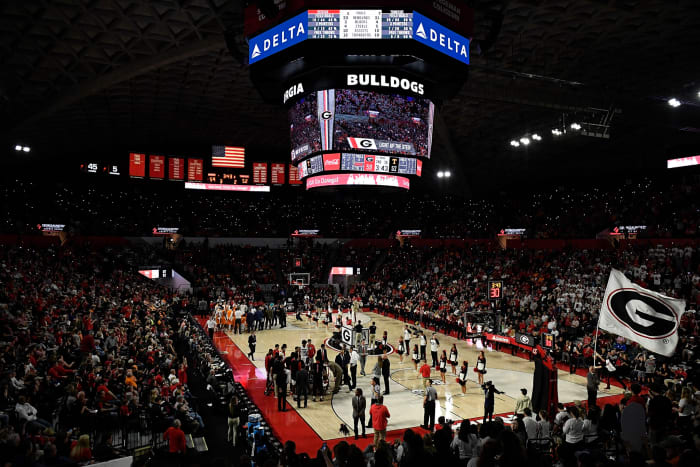 A general view of Georgia's basketball court during a timeout.