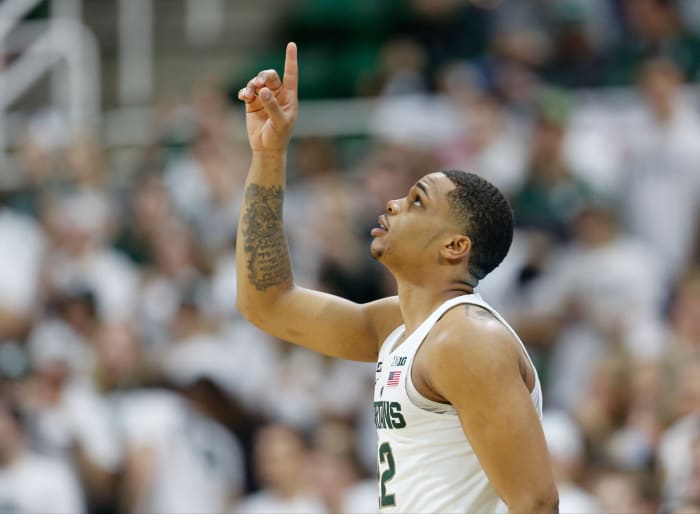 A closeup of Miles Bridges during a Michigan State basketball game.