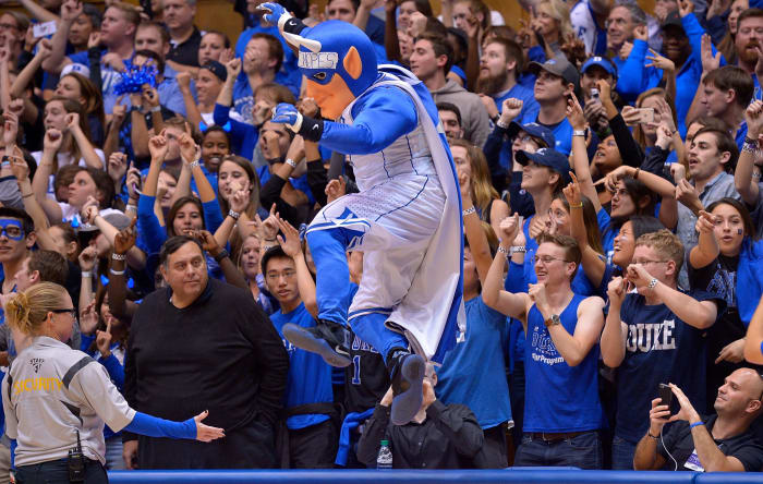 Duke's mascot fires up the crowd.