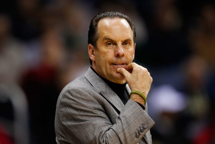 A closeup of Notre Dame basketball coach Mike Brey