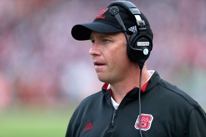 A closeup of NC State coach Dave Doeren.