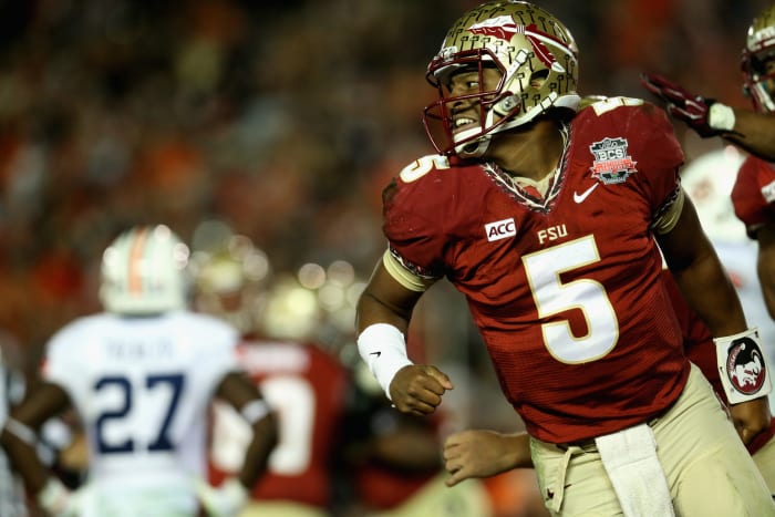 Jameis Winston celebrating during Florida State's BCS National Championship game.