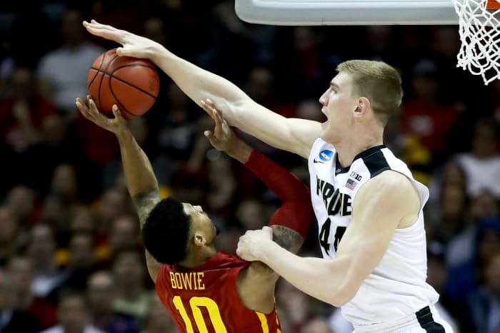 Isaac Haas blocking a shot.