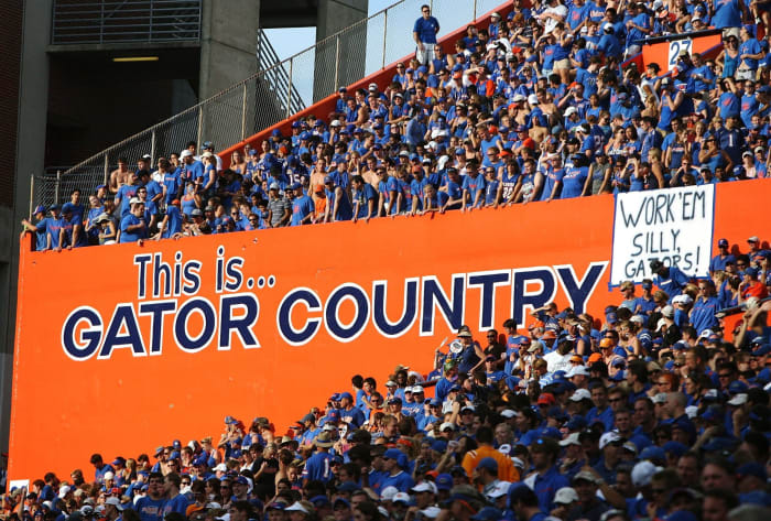 A view of the "This is Gator Country" wall at the Florida Gators football stadium.