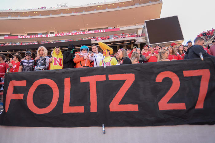 Nebraska's student section honors Sam Foltz.