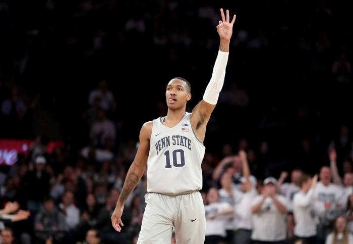 Tony Carr celebrates a three-pointer during NIT.