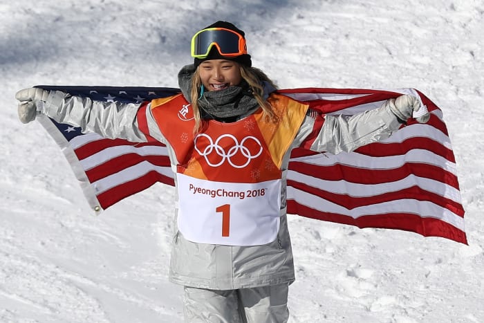 Chloe Kim holding the American flag.