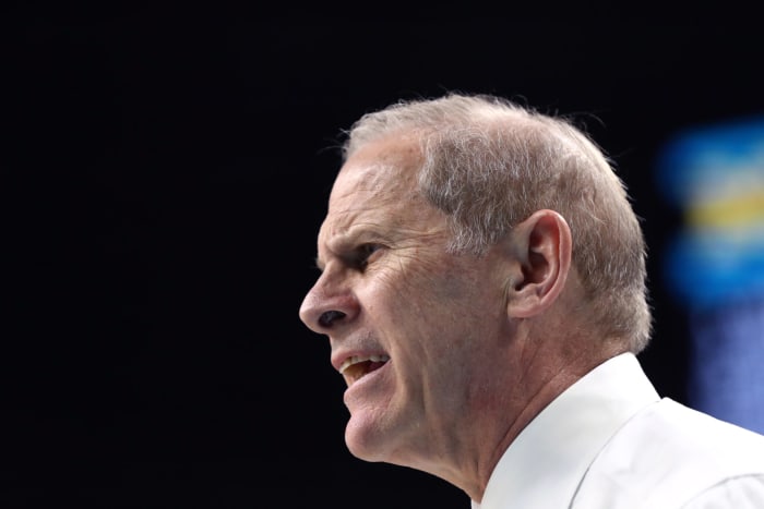 Head coach John Beilein of the Michigan Wolverines reacts against the Villanova Wildcats.
