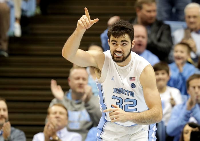 Luke Maye reacts to a play.