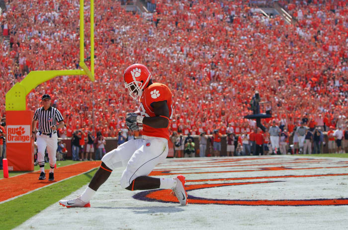 Clemson Tigers wide receiver scores a touchdown in the endzone at Death Valley.